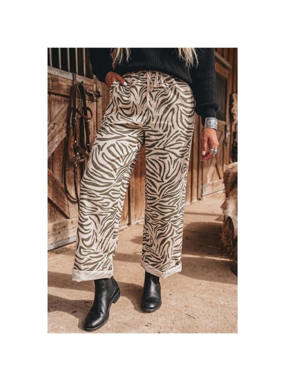 Multicolour Western Print Zebra Pattern Elastic Waist Pocket Pants
